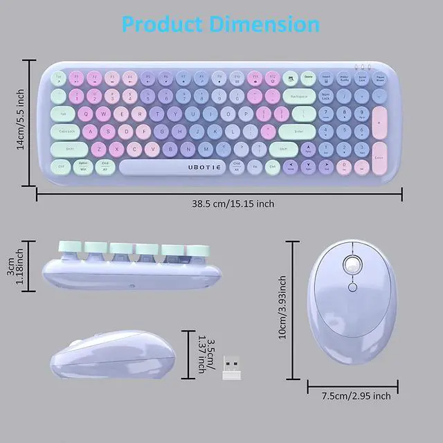 Alt view image 7 of 7 - Wireless Keyboards and Mouse Combos Colorful Gradient Rainbow Colored Retro Typewriter Flexible Keyboard 2.4GHz Connection and Optical Mouse (Purple Rainbow)