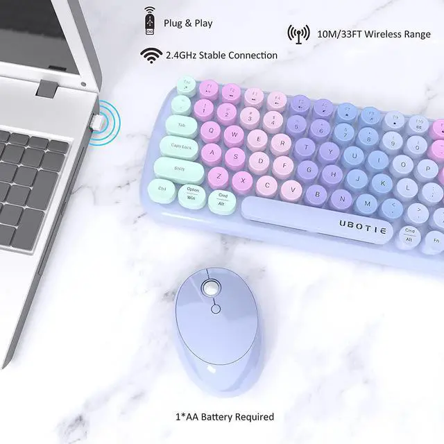 Alt view image 5 of 7 - Wireless Keyboards and Mouse Combos Colorful Gradient Rainbow Colored Retro Typewriter Flexible Keyboard 2.4GHz Connection and Optical Mouse (Purple Rainbow)