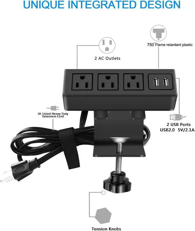 Alt view image 4 of 7 - Corn 3 Outlet Desk Clamp Power Strip, Desktop Power Strip with USB Ports, Desk Mount USB Charging Power Station, on Desk Edge Power Outlet 125V 12A 1500W, 6FT Desk Outlet Strip.
