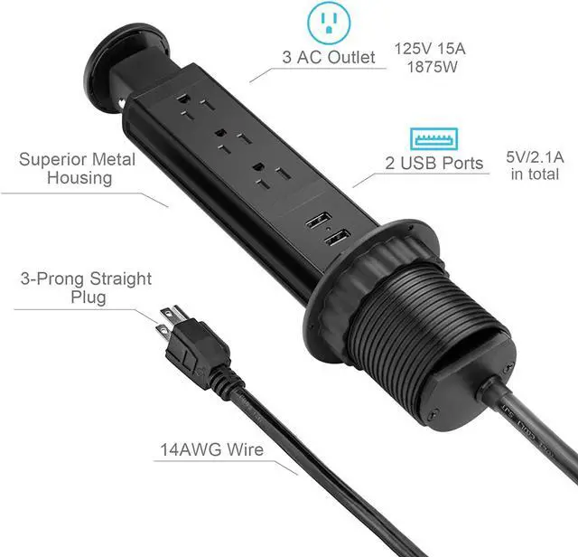 Alt view image 3 of 7 - Pop Up Electrical Outlet for Countertop, Recessed Power Strip with 3 AC Outlet & 2 USB Ports, Pull Pop Up Socket Hidden Outlets, Pop Out Power Outlet for Kitchen Counter Conference Desk