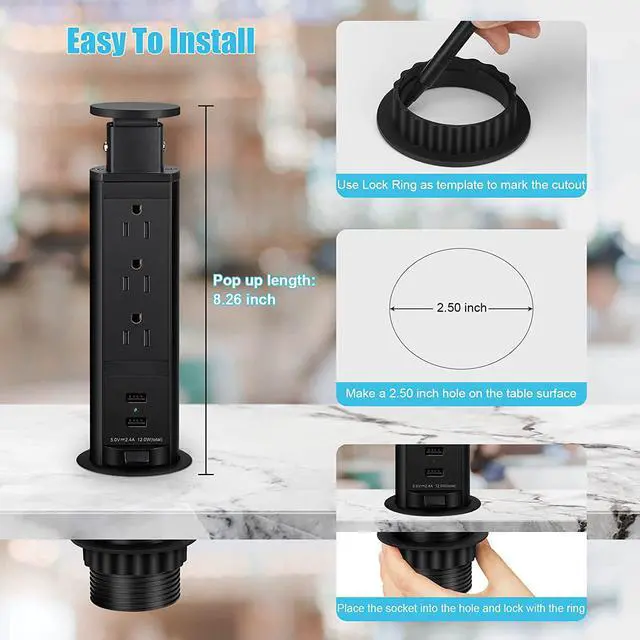 Alt view image 4 of 7 - Pop Up Electrical Outlet for Countertop, Recessed Power Strip with 3 AC Outlet & 2 USB Ports, Pull Pop Up Socket Hidden Outlets, Pop Out Power Outlet for Kitchen Counter Conference Desk