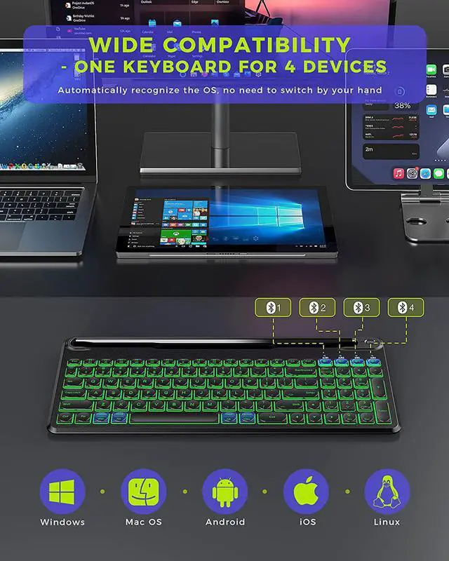 Alt view image 5 of 7 - seenda Backlit Multi-Device Bluetooth Keyboard for Tablet Phone Computer - Wireless Illuminated Rechargeable Keyboard with Number Pad Connect Up to 4 Devices Compatible Mac Android iOS Windows
