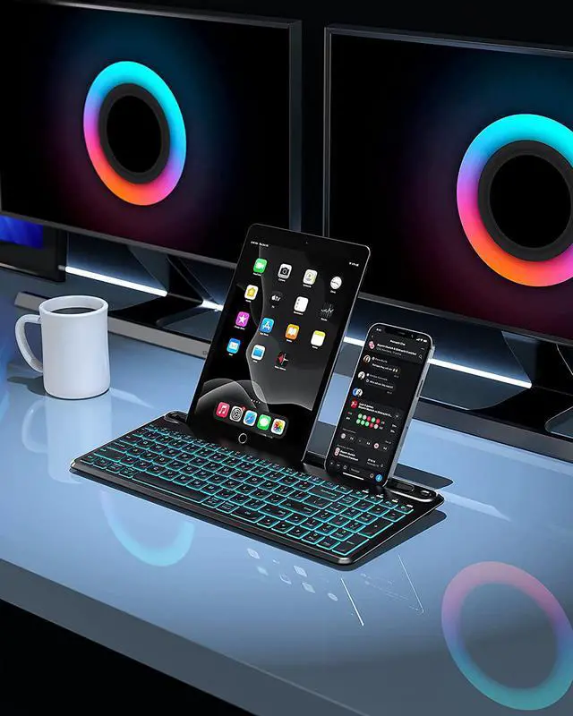 Alt view image 7 of 7 - seenda Backlit Multi-Device Bluetooth Keyboard for Tablet Phone Computer - Wireless Illuminated Rechargeable Keyboard with Number Pad Connect Up to 4 Devices Compatible Mac Android iOS Windows