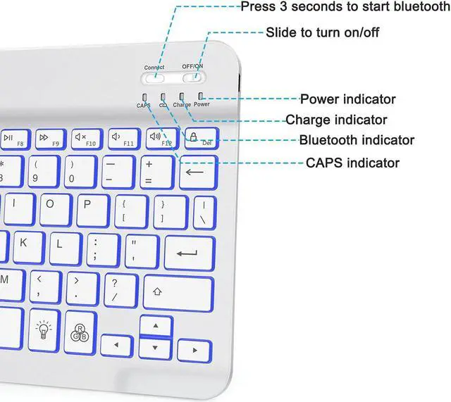 Alt view image 4 of 7 - OMOTON Bluetooth Keyboard, Wireless Rechargeable Keyboard for iPad, iPad Pro, iPad Mini, iPad Air with Illuminated LED (White)
