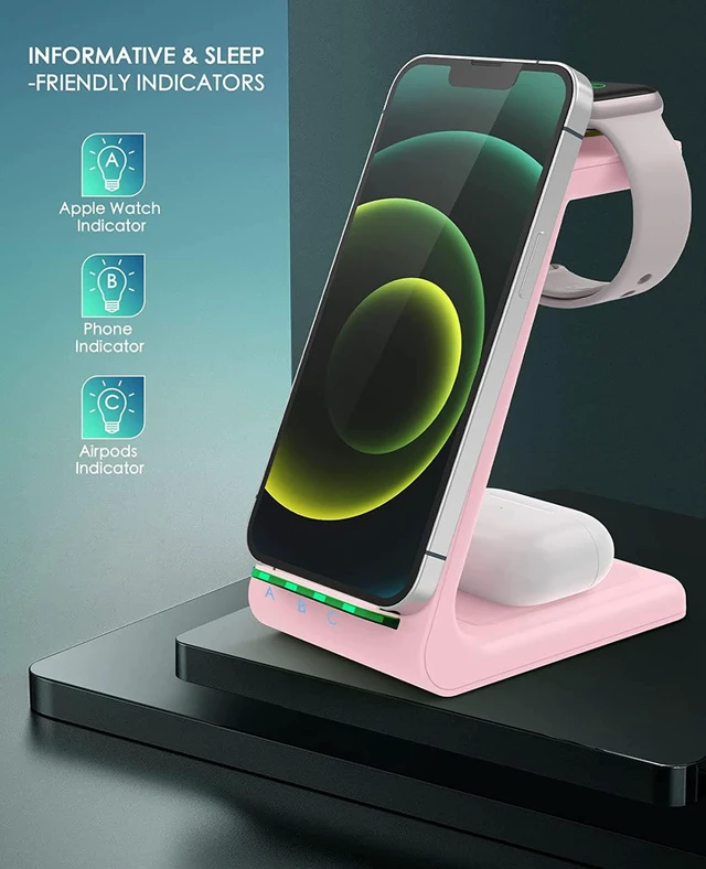 Alt view image 4 of 7 - Wireless Charging Station 3 in 1 Fast Charging Station Wireless Charger Stand for iPhone 14/13/12/11 Pro Max/X/Xs Max/8/8 Plus AirPods iWatch Series