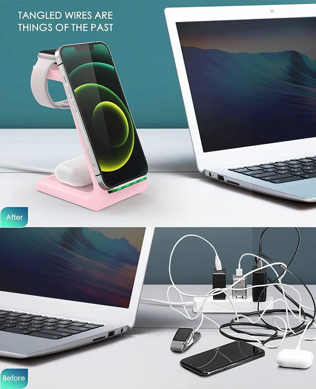 Alt view image 6 of 7 - Wireless Charging Station 3 in 1 Fast Charging Station Wireless Charger Stand for iPhone 14/13/12/11 Pro Max/X/Xs Max/8/8 Plus AirPods iWatch Series