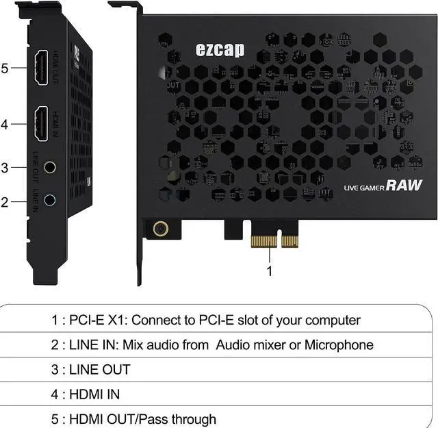Alt view image 7 of 7 - Ezcap324 PCI Capture Card, 4K HDMI Video Capture Card, Live Gamer RAW Internal PCI-Express Live Streaming and Sound Mixer Line in Audio Out for Win10 Mac OS PS4 Xbox Switch PC Game