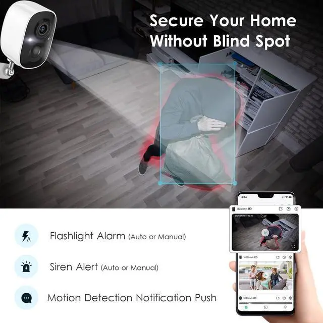 Alt view image 3 of 7 - GMK Security Cameras Wireless Outdoor, 2K Color Night Vision AI Motion Detection 2-Way Talk Battery Powered WiFi Home Indoor Camera IP65 Weatherproof Spotlight Siren Alarm Cloud/SD Storage 2-Pack