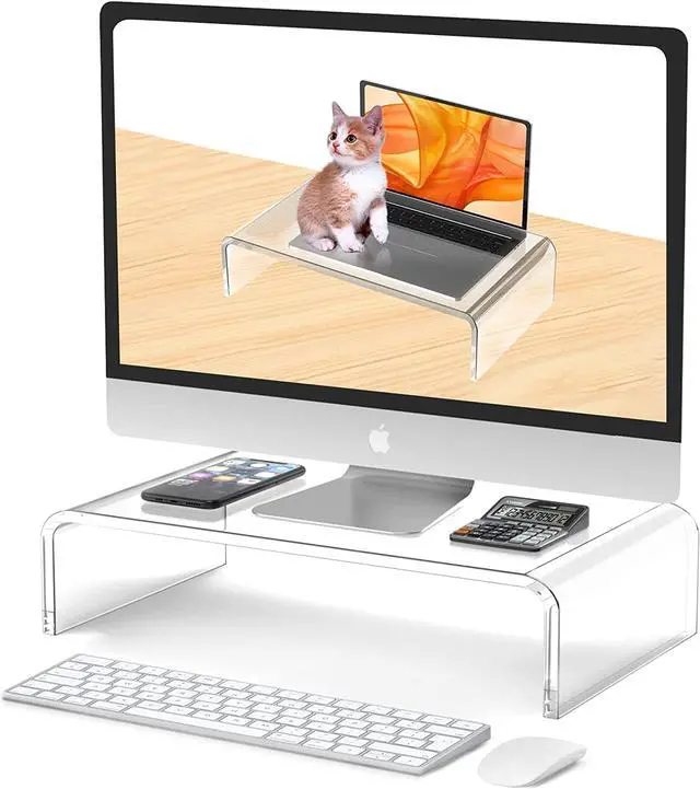 Main image of Acrylic Monitor Stand Riser Acrylic Laptop Stand for Desk Clear Computer Monitor Stand for Desk Accessories White Aesthetic Decorations for Office Home iMac Organizer