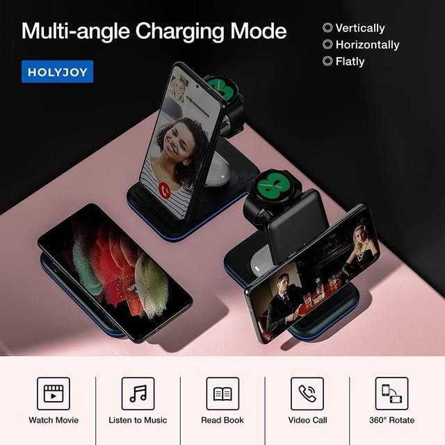 Alt view image 4 of 6 - Wireless Charger for /Android Foldable 3 in 1 Fast Charging Station/Stand/Multi Charger for  S25 Ultra/S24/Note 20 Travel Pad for Galaxy Watch 7/6/5/4/Active 2 For Buds(Black)