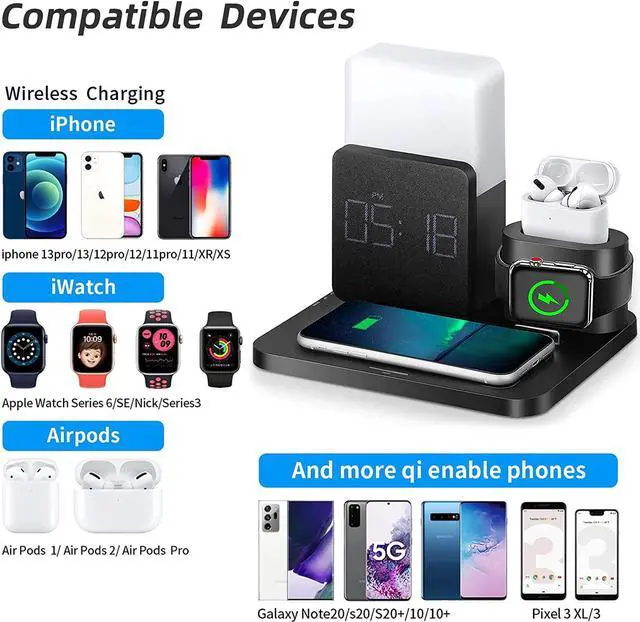 Alt view image 2 of 6 - Wireless Charger,3 in 1 Fast Charging Station with Digital Alarm Clock and Night Light,Compatible for iPhone 13/13 Pro/12/12Pro Max/11 Series/XS Mas/XR/XS/8/8 Plus/iwatch/AirPods/Samsung Galaxy