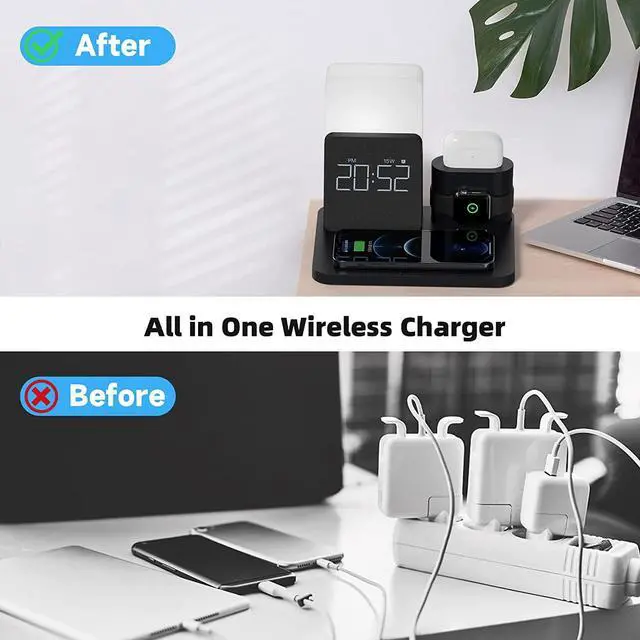 Alt view image 5 of 6 - Wireless Charger,3 in 1 Fast Charging Station with Digital Alarm Clock and Night Light,Compatible for iPhone 13/13 Pro/12/12Pro Max/11 Series/XS Mas/XR/XS/8/8 Plus/iwatch/AirPods/Samsung Galaxy