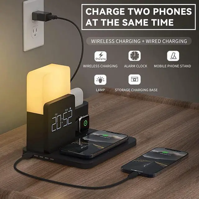 Alt view image 4 of 6 - Wireless Charger,3 in 1 Fast Charging Station with Digital Alarm Clock and Night Light,Compatible for iPhone 13/13 Pro/12/12Pro Max/11 Series/XS Mas/XR/XS/8/8 Plus/iwatch/AirPods/Samsung Galaxy