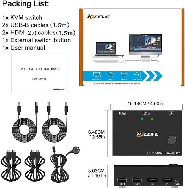 Alt view image 7 of 7 - Dual Monitor KVM Switch HDMI 2 Port 4K@60Hz,MLEEDA USB HDMI Extended Display Switcher for 2 Computers Share 2 Monitors and 4 USB 2.0 Hub,Desktop Controller and USB HDMI Cables Included