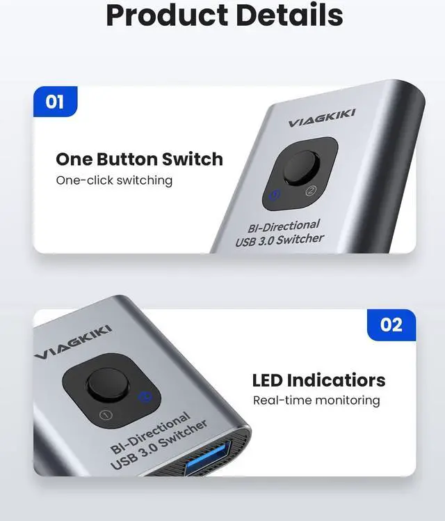 Alt view image 4 of 7 - USB Switch 3.0 KVM Switch,Bi-Directional USB Switch Selector 2 in 1 Out/1 in 2 Out, Viagkiki USB Switcher 2 Computers Share 1 USB Devices for PCs Mouse Keyboard Printer Scanner (with 2 USB 3.0 Cables)