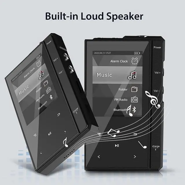 Alt view image 3 of 6 - 32GB MP3 Player with Bluetooth 5.0, Portable Music Player MP3 with Speaker, Metal Body & Glass Back, HiFi Sound with FM Radio, Voice Recorder, E-Book, Support Micro SD Card up to 256GB