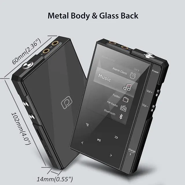 Alt view image 2 of 6 - 32GB MP3 Player with Bluetooth 5.0, Portable Music Player MP3 with Speaker, Metal Body & Glass Back, HiFi Sound with FM Radio, Voice Recorder, E-Book, Support Micro SD Card up to 256GB