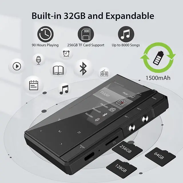 Alt view image 6 of 6 - 32GB MP3 Player with Bluetooth 5.0, Portable Music Player MP3 with Speaker, Metal Body & Glass Back, HiFi Sound with FM Radio, Voice Recorder, E-Book, Support Micro SD Card up to 256GB