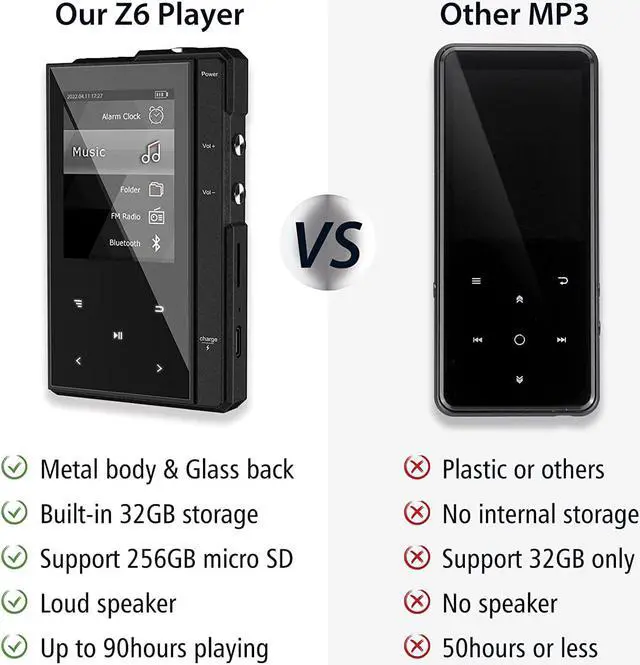 Alt view image 5 of 6 - 32GB MP3 Player with Bluetooth 5.0, Portable Music Player MP3 with Speaker, Metal Body & Glass Back, HiFi Sound with FM Radio, Voice Recorder, E-Book, Support Micro SD Card up to 256GB
