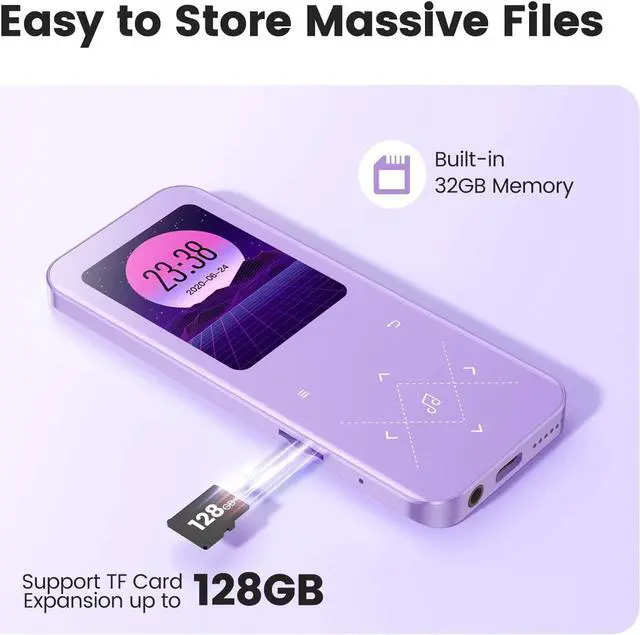 Alt view image 5 of 7 - 32GB MP3 Player with Bluetooth 5.3, AGPTEK A09X 2.4" Screen Portable Music Player with Speaker Lossless Sound with FM Radio, Voice Recorder, Supports up to 128GB, Purple
