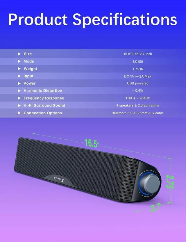 Alt view image 7 of 7 - Computer Speakers, HiFi Sound Quality Computer Sound Bar, USB Powered PC Speakers, Bluetooth 5.0 and 3.5mm Aux-in Computer Speakers for Desktop, Laptops, PCs, Phones, Tablets, Xbox, Gaming Speakers