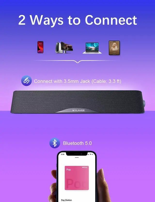 Alt view image 4 of 7 - Computer Speakers, HiFi Sound Quality Computer Sound Bar, USB Powered PC Speakers, Bluetooth 5.0 and 3.5mm Aux-in Computer Speakers for Desktop, Laptops, PCs, Phones, Tablets, Xbox, Gaming Speakers