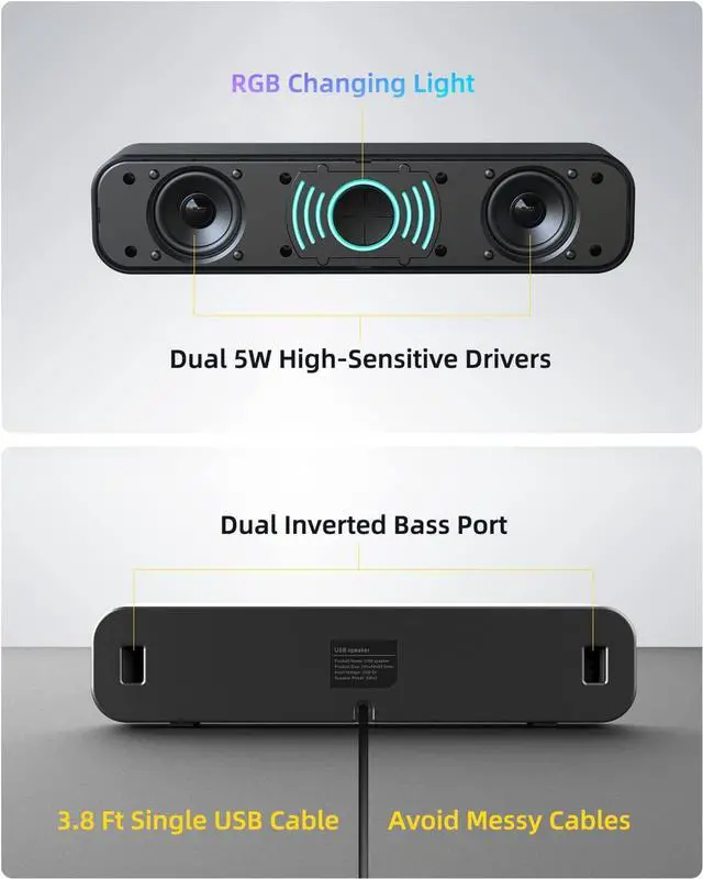 Alt view image 3 of 7 - USB Computer Speakers for Desktop, Laptop, PC Gaming Speakers, Small Computer Sound Bar with Stereo Loud Sound, Enhanced Bass, Dynamic RGB Light, Digital Volume Knob