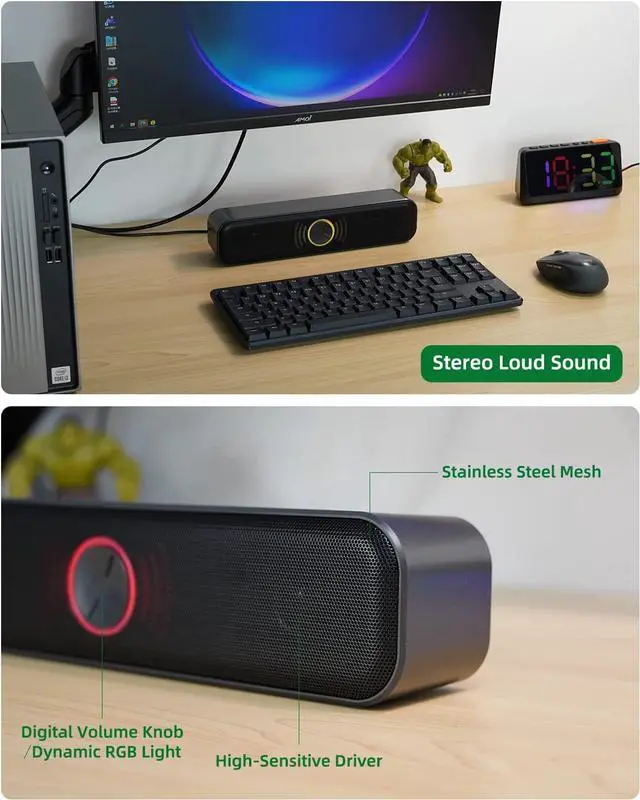 Alt view image 5 of 7 - USB Computer Speakers for Desktop, Laptop, PC Gaming Speakers, Small Computer Sound Bar with Stereo Loud Sound, Enhanced Bass, Dynamic RGB Light, Digital Volume Knob