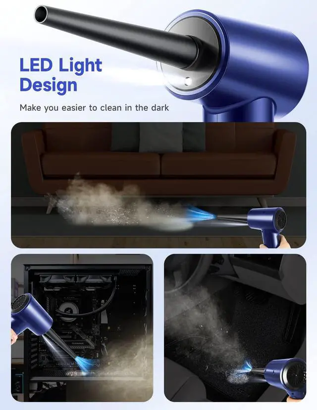 Alt view image 5 of 6 - Electric Air Duster, Fulljion 3-Gear to 51000RPM Compressed Air Duster with LED Light, Cordless Air Blower for Computer Keyboard Car Cleaning 6000mAhRechargeable 10W Fast Charging Air Can Duster(Blue)