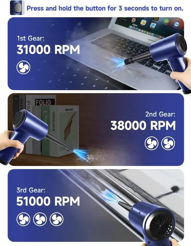 Alt view image 6 of 6 - Electric Air Duster, Fulljion 3-Gear to 51000RPM Compressed Air Duster with LED Light, Cordless Air Blower for Computer Keyboard Car Cleaning 6000mAhRechargeable 10W Fast Charging Air Can Duster(Blue)
