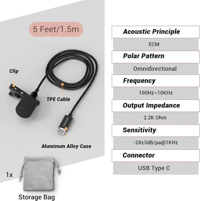 Alt view image 6 of 6 - Cubilux USB C Microphone, Type C Lavalier MIC, External Lapel Clip MIC for iPhone 15+/15 Pro Max, iPad 10 iPad Pro iPad Air 5/4, Samsung S23/S22/S21/S20 Z Fold/Flip 5/4/3/2 Tab S9/S8/S7/S6, 5 FT