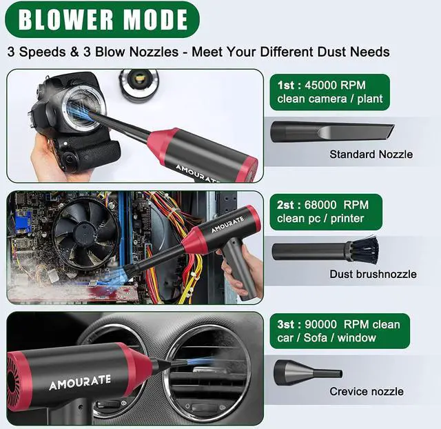 Alt view image 3 of 6 - Compressed Air Duster , 3 Speeds to 90000RPM Electric no Can Air Duster, Cordless Keyboard Cleaner with 7500mAh Rechargeable Battery for Office Computer/Car