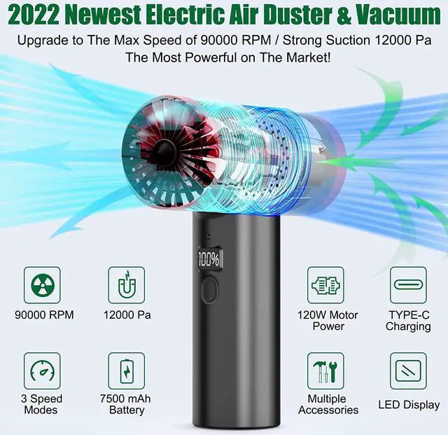 Alt view image 2 of 6 - Compressed Air Duster , 3 Speeds to 90000RPM Electric no Can Air Duster, Cordless Keyboard Cleaner with 7500mAh Rechargeable Battery for Office Computer/Car