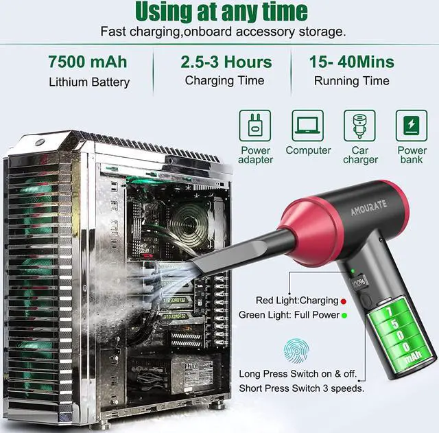 Alt view image 5 of 6 - Compressed Air Duster , 3 Speeds to 90000RPM Electric no Can Air Duster, Cordless Keyboard Cleaner with 7500mAh Rechargeable Battery for Office Computer/Car