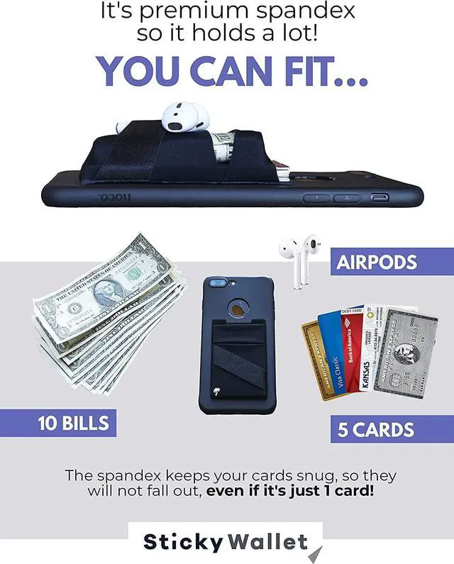 Main image of The StickyWallet  Premium Spandex Stick-on Phone Wallet Card Holder for any Case  Unique Double Pocket Design + Finger Strap (1 Pack)