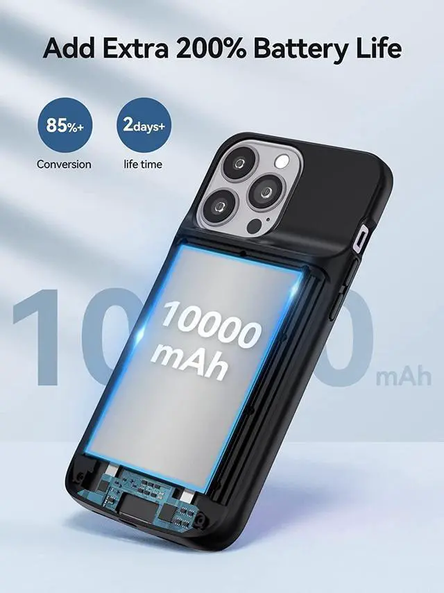 Alt view image 4 of 4 - NEWDERY Battery Case for iPhone 14 Pro Max,14 Plus 10000mAh,Qi Wireless Charging,Wired Headset,Sync-Data Supported, Extended Rechargeable Charger Case for iPhone 14/13/12 Pro Max, iPhone 14 Plus 6.7