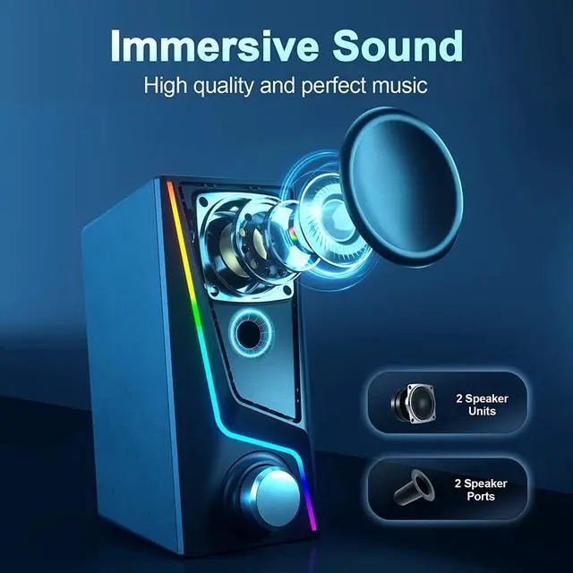 Alt view image 2 of 6 - Computer Speakers, PC Speakers with 6 Colorful LED Modes, USB Powered Computer Speakers for Desktop with 2 Bass-Boost Ports, 2 Speaker Units and 3.5mm Aux-in Cable for PC, Laptop, Tablet, Phone