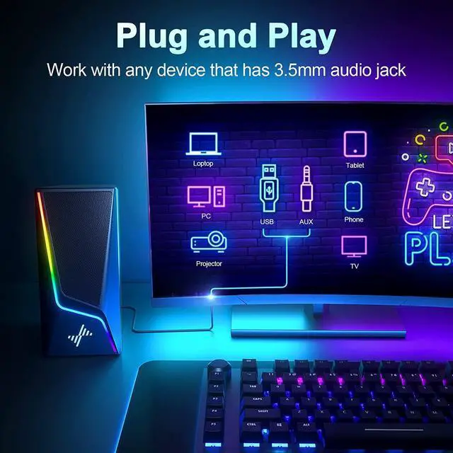 Alt view image 5 of 6 - Computer Speakers, PC Speakers with 6 Lighting Modes, USB Powered Computer Speakers for Desktop Monitor with 2 Bass-Boost Ports, 2 Speaker Units, and 3.5mm Aux-in Cable for PC, Laptop, Tablet, Phone