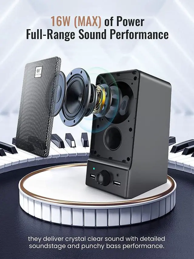 Alt view image 6 of 7 - OROW USB Computer Speakers,Hi-Fi Stereo External Speakers for PC,16W Desktop Speaker,Built-in DSP Sound Chip, Deep Bass&Pure Vocal,Laptop Speakers with Headphone Jack(S203)