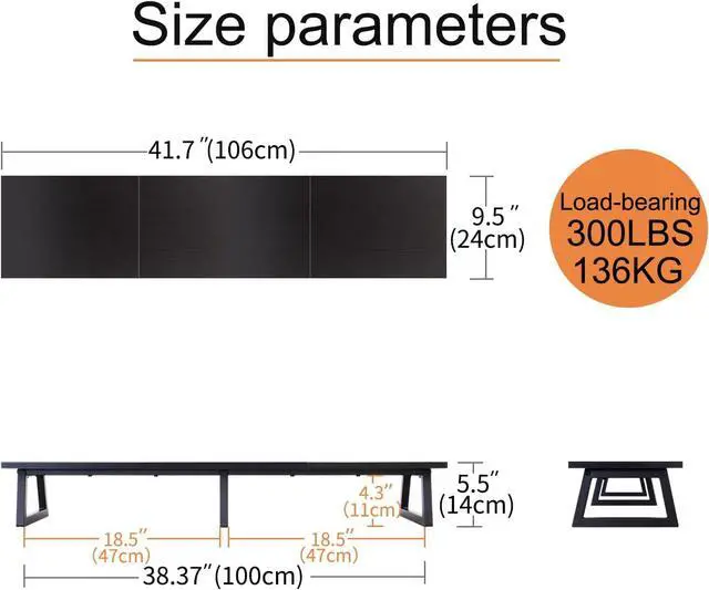 Alt view image 4 of 6 - TEAMIX Black 42 inch Dual Monitor Riser,Long Monitor Stand for 2 Monitors, Wood and Steel Monitor Stand with Storage Large TV Riser Computer Laptop Stand for Desk Office Organization