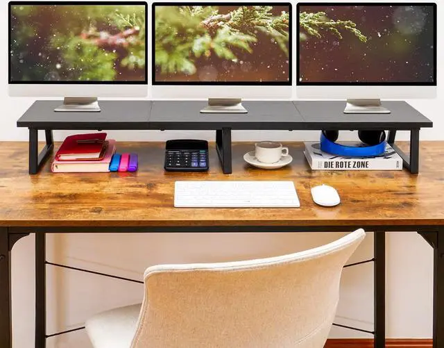 Alt view image 3 of 6 - TEAMIX Black 42 inch Dual Monitor Riser,Long Monitor Stand for 2 Monitors, Wood and Steel Monitor Stand with Storage Large TV Riser Computer Laptop Stand for Desk Office Organization