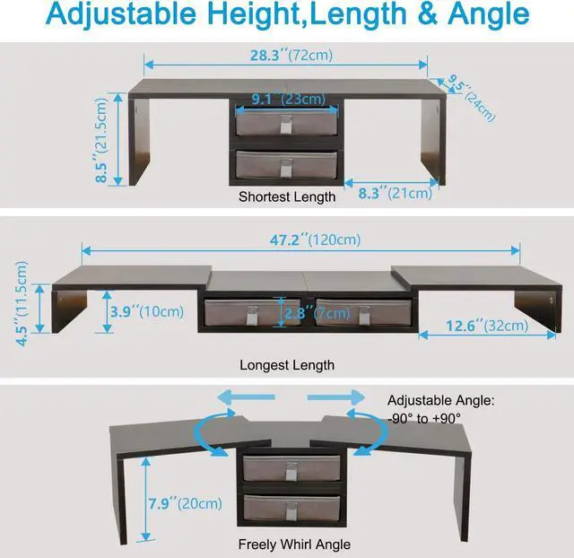 Alt view image 5 of 7 - TEAMIX Dual Monitor Stand Riser with 2 Drawers-Length and Angle Adjustable 3 shelf Monitor Riser with Storage Desk Organizer Large Computer Monitor Stand for 2 Monitors/Laptop/PC,Wood Screen/TV Stand