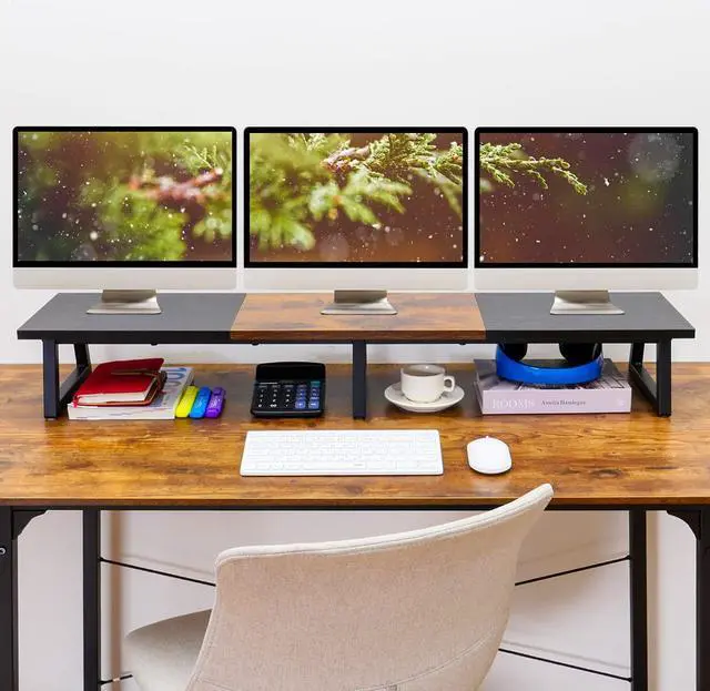 Alt view image 3 of 6 - TEAMIX Black 42 inch Dual Monitor Riser,Long Monitor Stand for 2 Monitors, Wood and Steel Monitor Stand with Storage Large TV Riser Computer Laptop Stand for Desk Office Organization