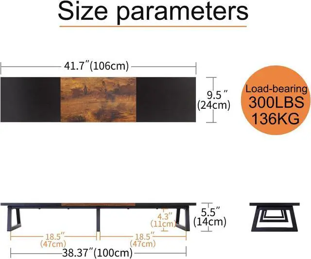 Alt view image 4 of 6 - TEAMIX Black 42 inch Dual Monitor Riser,Long Monitor Stand for 2 Monitors, Wood and Steel Monitor Stand with Storage Large TV Riser Computer Laptop Stand for Desk Office Organization