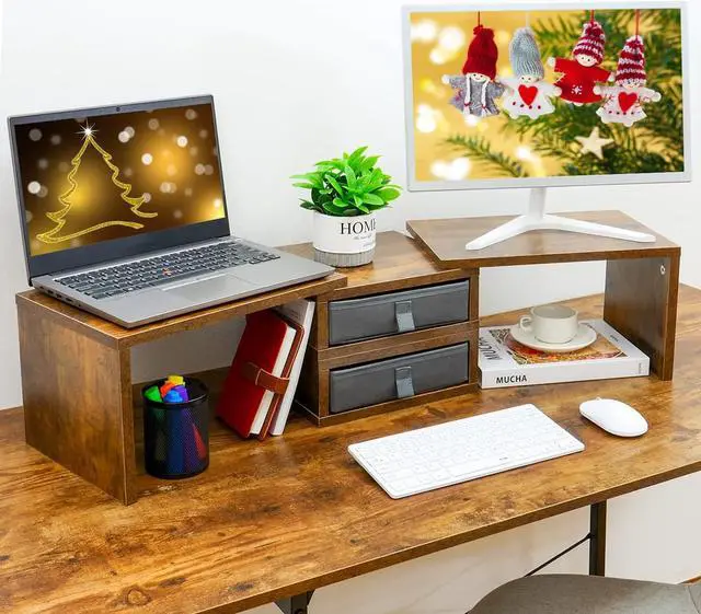 Alt view image 2 of 7 - TEAMIX Dual Monitor Stand Riser with 2 Drawers - Length and Angle Adjustable 3 shelf Monitor Riser with Storage Desk Organizer Large Monitor Stand for 2 Monitors/Laptop/PC,Screen/TV Stand Riser