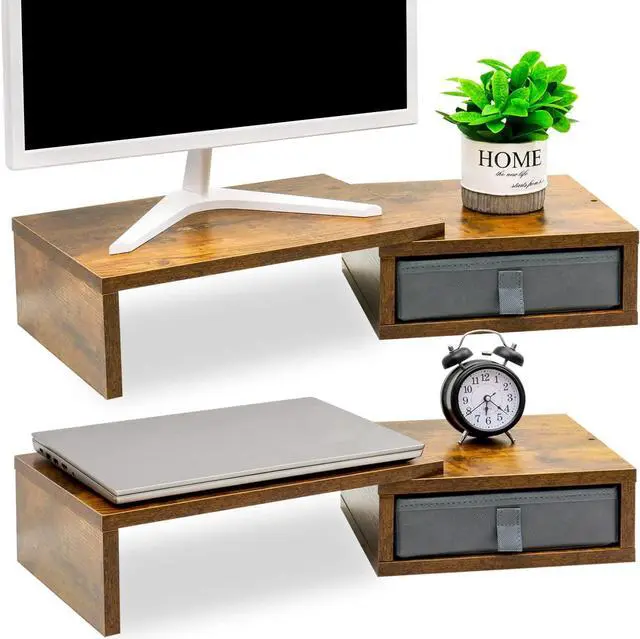 Alt view image 7 of 7 - TEAMIX Dual Monitor Stand Riser with 2 Drawers - Length and Angle Adjustable 3 shelf Monitor Riser with Storage Desk Organizer Large Monitor Stand for 2 Monitors/Laptop/PC,Screen/TV Stand Riser