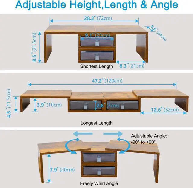 Alt view image 6 of 7 - TEAMIX Dual Monitor Stand Riser with 2 Drawers - Length and Angle Adjustable 3 shelf Monitor Riser with Storage Desk Organizer Large Monitor Stand for 2 Monitors/Laptop/PC,Screen/TV Stand Riser