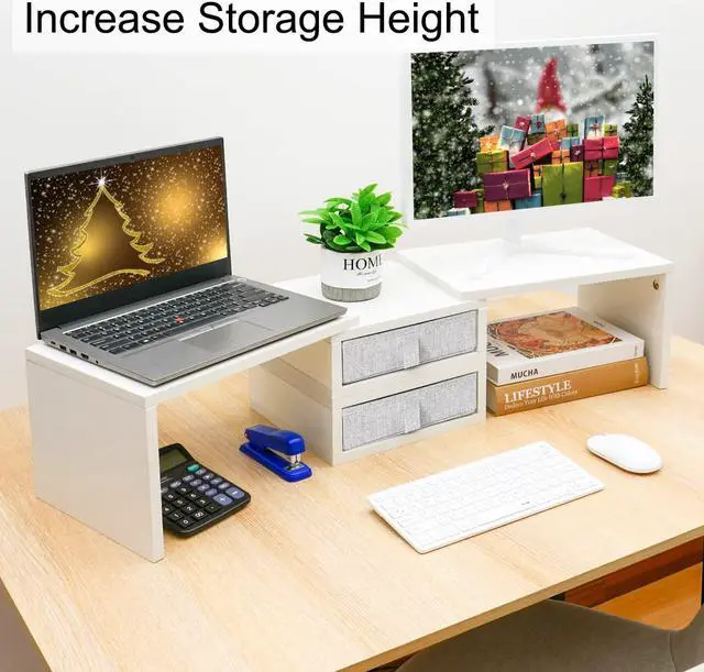 Alt view image 2 of 6 - TEAMIX Dual Monitor Stand Riser with 2 Drawers - Length and Angle Adjustable White Monitor Stand with Storage Large Computer Riser for 2 Monitors/Laptop/PC, Wood Screen/TV Stand Desk Organizer