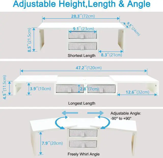 Alt view image 5 of 6 - TEAMIX Dual Monitor Stand Riser with 2 Drawers - Length and Angle Adjustable White Monitor Stand with Storage Large Computer Riser for 2 Monitors/Laptop/PC, Wood Screen/TV Stand Desk Organizer