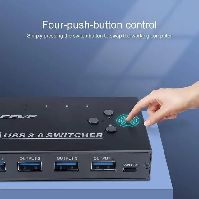 Alt view image 4 of 4 - KCEVE USB 3.0 Switch, USB Switch Selector 4 Computer Sharing 4 USB Devices KVM Switcher Box for Share Printer, Scanner, Mouse, Keyboard, Compatible with Mac/Windows/Linux, with 4 Pack USB 3.0 Cables